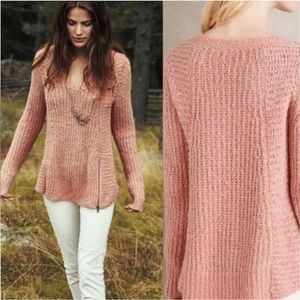 Anthro MOTH Coral Beige Marled V-Neck Wool Blend Side Zip Sweater EUC S